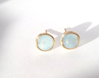 Aquamarine Stud Earrings, Silver or Gold Wire Wrapped Gemstone Studs
