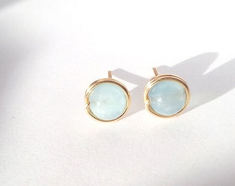 Light Blue Aquamarine Stud Earrings, Minimalist Wire Wrapped Natural Gemstone Studs - Womens Jewellery - Gift for Her