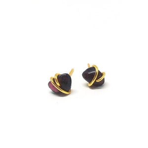 Garnet Gemstone Studs Earrings, Natural Dark Red Garnet Minimalist Wire Wrapped Studs - Gold Gemstone Studs - Gift for Her