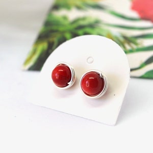 Red Coral Wire Wrapped Stud Earrings, Minimalist Wire Wrapped Jewellery for Women Gift for Her Silver