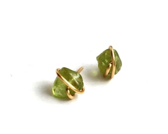 Green Peridot Gemstone Studs, Minimalist Wire Wrapped Earrings