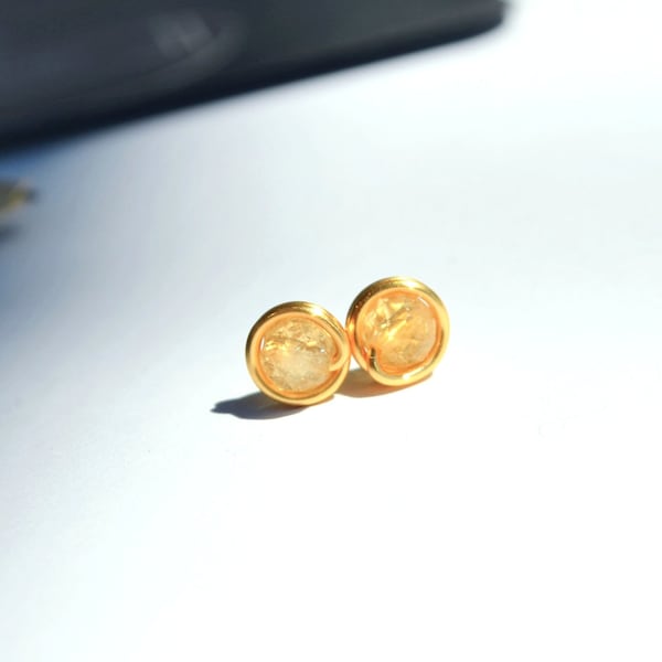 Mini Citrine Wire Wrapped Studs - Gemstone Jewellery for Women, Natural Citrine Golden Earrings, Ear studs - Gift for Her