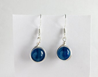 Dainty Kyanite Dangle Earrings, Silver Plated Wire Wrapped Gemstone