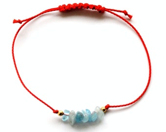 Aquamarine Red Cotton Bracelet - Amethyst, Aquamarine, Peridot Bracelet Sliding Knot Bracelet - Genuine Gemstone and Cord Bracelet for Women