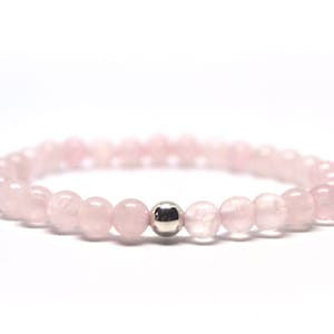 Delicate Rose Quartz Sterling Silver - Rose Gold Bracelet, Stone Of Heart - Natural Gemstone Mala Stretch Bracelet for Women, Gift for Her