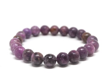 Bracelet de pierres précieuses naturelles de lépidolite violet violet - Bracelet élastique de pierres précieuses authentiques de style Mala - Cadeau pour lui, cadeau pour elle