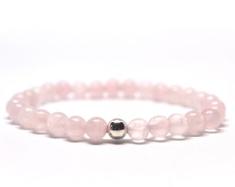 Quartz rose délicat en argent sterling - Bracelet en or rose, pierre de cœur - Bracelet extensible Mala en pierres précieuses naturelles pour femme, cadeau pour elle