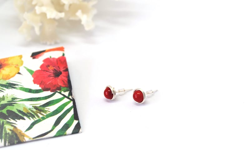 Red Coral Wire Wrapped Stud Earrings, Minimalist Wire Wrapped Jewellery for Women Gift for Her image 6