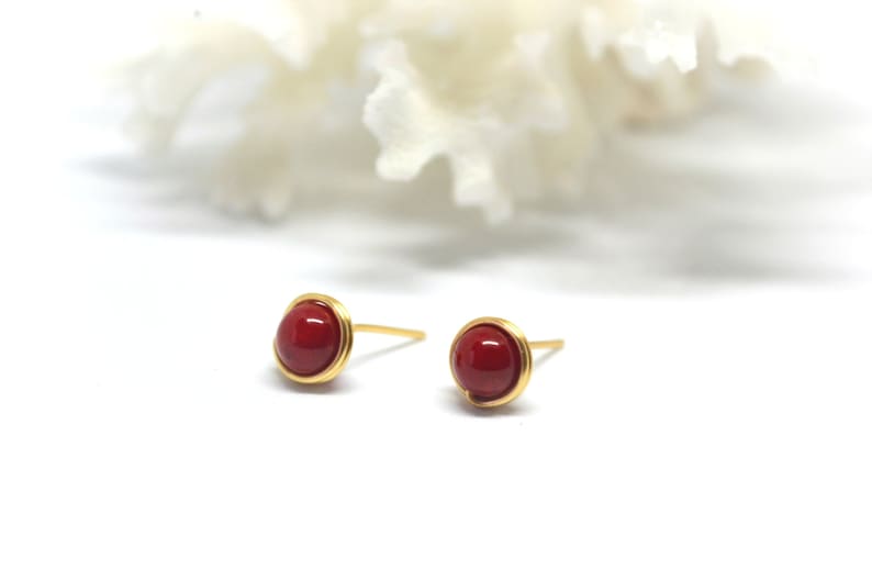 Red Coral Wire Wrapped Stud Earrings, Minimalist Wire Wrapped Jewellery for Women Gift for Her Gold