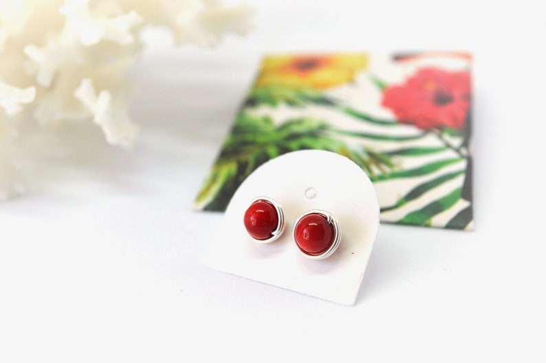 Red Coral Wire Wrapped Stud Earrings, Minimalist Wire Wrapped Jewellery for Women Gift for Her Silver