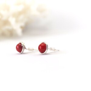 Red Coral Wire Wrapped Stud Earrings, Minimalist Wire Wrapped Jewellery for Women Gift for Her image 5