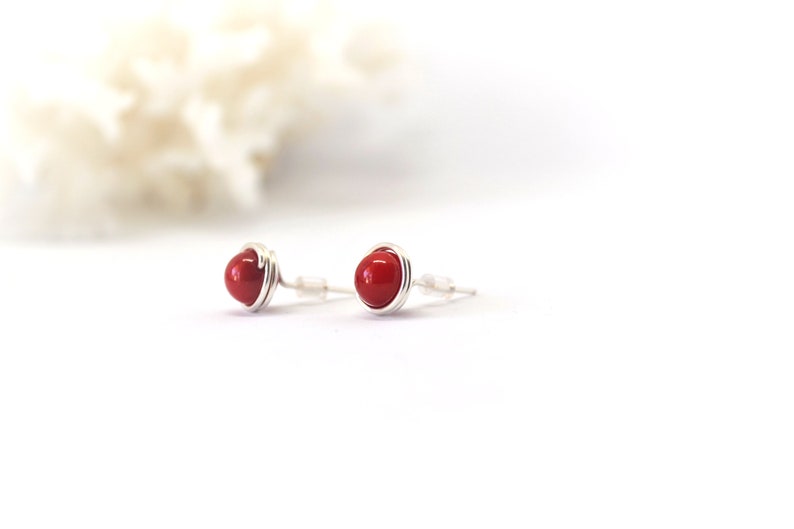 Red Coral Wire Wrapped Stud Earrings, Minimalist Wire Wrapped Jewellery for Women Gift for Her image 5