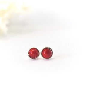 Red Coral Wire Wrapped Stud Earrings, Minimalist Wire Wrapped Jewellery for Women Gift for Her image 7