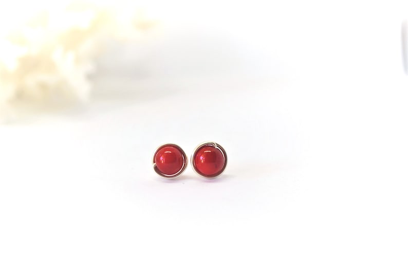 Red Coral Wire Wrapped Stud Earrings, Minimalist Wire Wrapped Jewellery for Women Gift for Her image 7