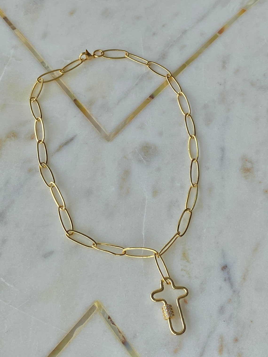 Gold plated paper clip necklace with cross cross charm cross Etsy