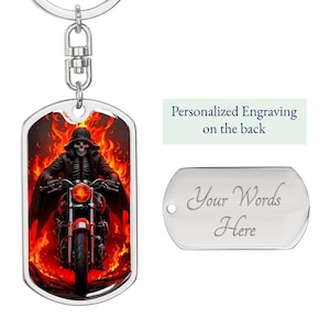 Skeleton Biker Keychain for Men – Grim Reaper Motorcycle Gift – Gothic Flame Key Ring – Badass Rider Keychain – Halloween Biker Gift