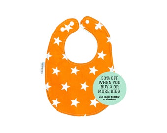 Big Orange Stars Classic Bib. Baby Bib. Dribble Bib. Absorbent Bib. Fleece Backed Bib. Handmade Baby Bib. Adjustable Poppers. Stars. Galaxy.