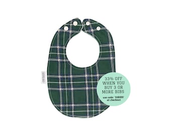 Green Tartan Classic Bib. Baby Bib. Dribble Bib. Absorbent Bib. Fleece Backed Bib. Handmade Baby Bib. Adjustable Poppers. Scotland Baby Bib.