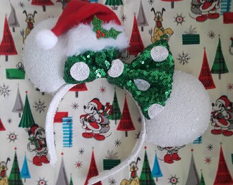 Christmas, Minnie, Santa, Classic Holiday Ears Collection White Sparkle Handmade Custom Mouse Ears inspired by Disney