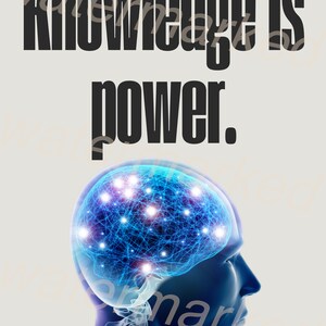 Peut inclure: Une silhouette bleue d'une tête avec un cerveau bleu lumineux à l'intérieur. Le cerveau est composé d'un réseau de lignes et de points blancs. Le texte "Knowledge is power." est au-dessus de la tête.