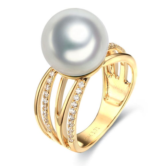 14k solid gold pearl ring holder adjustable golden the wide CZ | Etsy