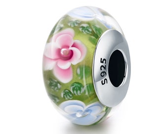 Sterling 925 silver charm the grass and flower Murano bead pendant fits European bracelet