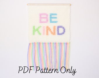 Virkad väggbonad | Var snäll | Regnbågsvirkmönster | Gobeläng | Intarsiamönster | Väggkonst i fiber | DIY | PDF-mönster