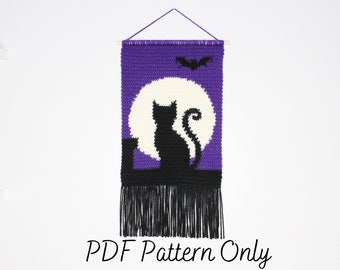 Crochet Wall Hanging Pattern | Midnight Cat Wall Hanging | Tapestry | Intarsia | Handmade Halloween Home Decor | Spooky Fall DIY  | PDF