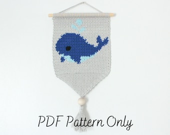 Patrón de crochet para tapiz de ballena / Tapiz / Intarsia / Criatura marina / Estética costera / Decoración de banderín marítimo / PDF