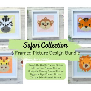 May include: A set of five framed cross-stitch pictures featuring animal faces. The animals are a giraffe, lion, monkey, tiger, and zebra. The frames are white and the pictures are on a wooden background.