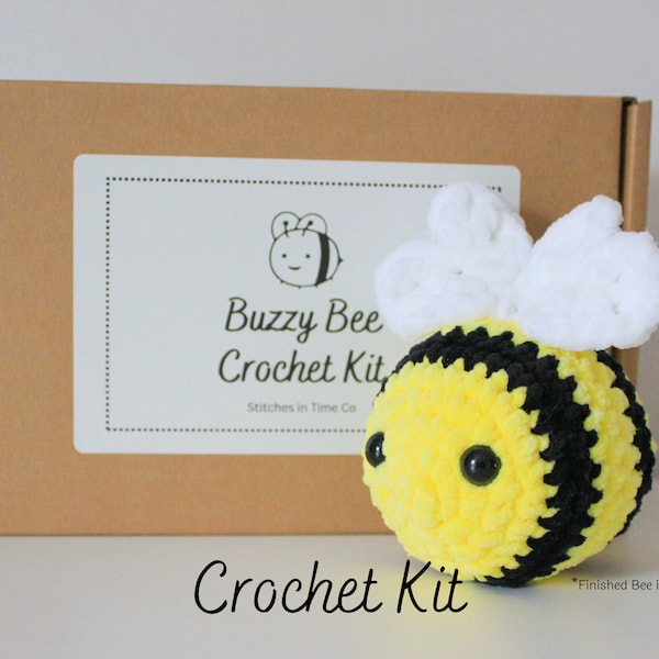 Beginner Crochet Kit | Fluffy Amigurumi Bee Craft Kit | Crochet Patterns Tutorial | Chenille Yarn Plushie Pattern | DIY hobby starter kit |