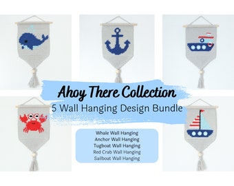 Paquete de 5 patrones de crochet para colgar en la pared / Colección Ahoy There / Tapiz / Intarsia / Estética náutica costera / Decoración de banderines / PDF