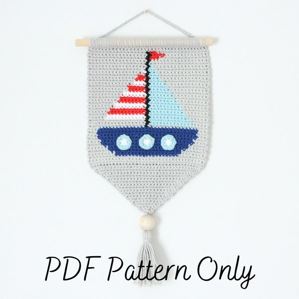 Crochet Wall Hanging Pattern | Sailboat Wall Hanging | Tapestry | Intarsia | Nautical Seaside Aesthetic | Maritime Pennant Decor | PDF