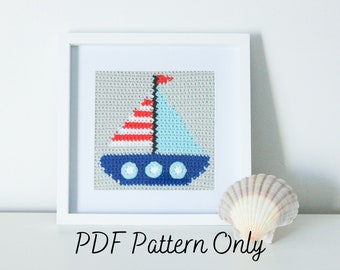 Crochet Framed Picture Pattern | Sailboat Wall Art | Tapestry | Intarsia | Nautical Seaside Aesthetic | Maritime Ocean Decor | PDF