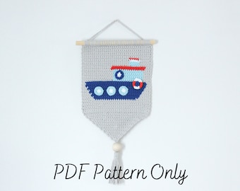 Patrón de crochet para tapiz de remolcador / Tapiz / Intarsia / Estética náutica costera / Decoración de banderines marítimos / PDF