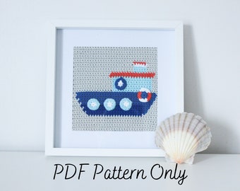 Crochet Framed Picture Pattern | Tugboat Wall Art | Tapestry | Intarsia | Nautical Seaside Aesthetic | Maritime Ocean Decor | PDF