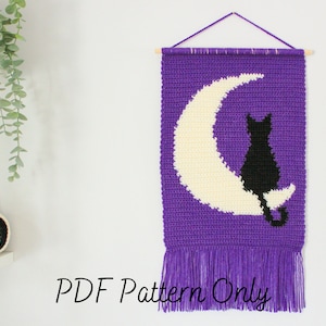 Crochet Wall Hanging Pattern | Crescent Cat Wall Hanging | Tapestry | Intarsia | Handmade Halloween Home Decor | Spooky Fall DIY  | PDF