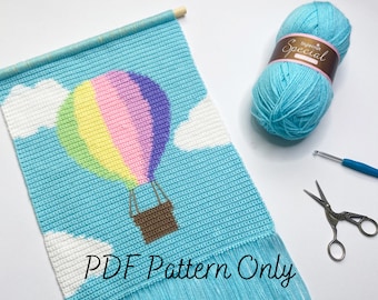 Crochet Wall Hanging Pattern | Adventure Awaits | Tapestry | Intarsia | Hot Air Balloon | Nursery Decor | Whimsical | Rainbow | PDF