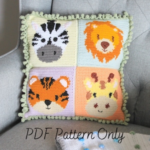 Crochet Cushion Pattern | Safari Nursery Decor | Intarsia Pillow | New Baby Shower Gift | Jungle | Tiger | Lion | Zebra | Giraffe | PDF