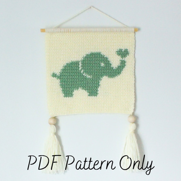 Crochet Wall Hanging Pattern | Elephant Love Wall Hanging | Tapestry | Intarsia | Elephant Safari Nursery Decor | Baby Shower DIY Gift | PDF