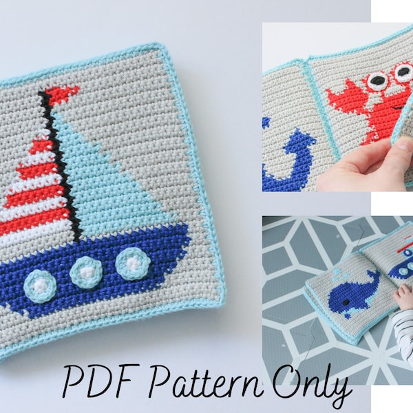 Modèle de livre tranquille pour bébé au crochet | Ahoy There Livre occupé sur le thème nautique | Tapisserie | Intarsia | Bord de mer océan Montessori Waldorf jouet | PDF