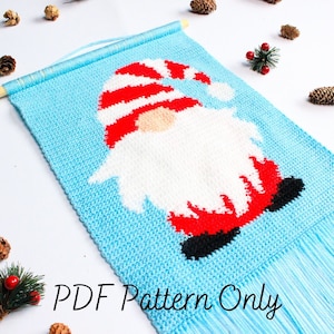 May include: A crochet wall hanging featuring a gnome with a red and white striped hat, a white beard, and a red and black body. The gnome is on a light blue background with a fringe border. The text "PDF Pattern Only" is at the bottom of the image.