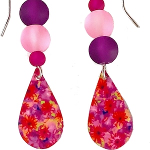 Hot Pink Flower Earrings,Sterling Silver,Metal,Boho Earrings,Frosted Beads,Artist Handmade,Lightweight,Great Gift,Lasting Gift,Artsy&Unique