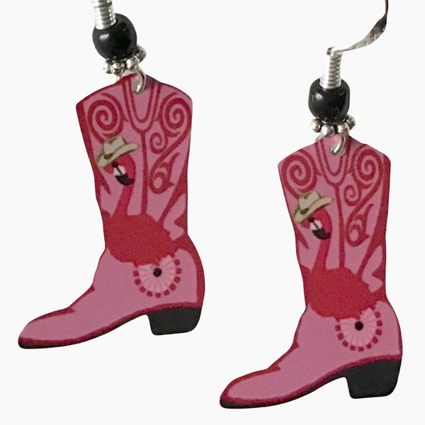 Cowboy Boot Earring, Boho or Flamingo,Original Art, Handmade, Sterling Silver,Cowgirl Gift,Metal & Glass,American Made,Western Country Style