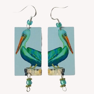 Pelican Bellican, Pelican Earrings,Metal,Sterling Silver,Original Art by Artist Patti Siehien,Handmade,Light,Great for Pelican Lover,Beaded