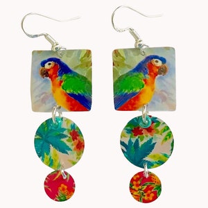Tropical Earrings,Parrot,Jungle Floral Leaves,Handmade by Artist,Sterling Silver,Bracelet Available,All American Made, Vintage Tribal Print!