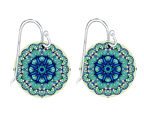 Boho Mandala/Earrings/Sterling Silver925/Aqua Art Earrings/Zen Yoga/Artist  Handmade/Metal/Light/Geometric Jewelry/Lasting Gift/Artsy&Unique!