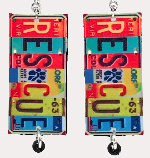 Pet Rescue Earrings License Plate Art Dogs Cats From Original Art Dog Pound Gifts Sterling Metal Dog Rescue Cat Rescue ASCPA Friends Adopt