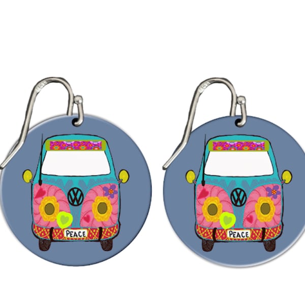 Hippie Volkswagen Earrings,Sterling Silver,Metal,1970s Art Earrings,Artist Handcrafted,Lightweight,Flower Power Van,Peace,Fun & Unique!