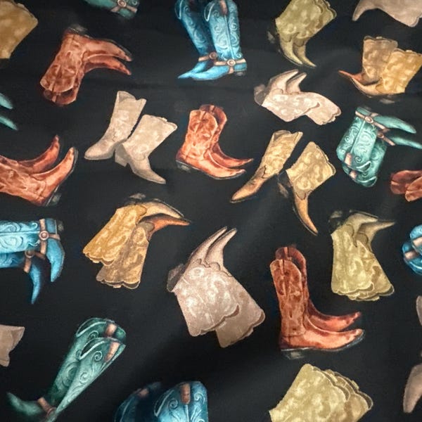 Gone Country BOOTS BOOTS BOOTS black  background 45”. Cotton fabric for quilts or curtains  boots western